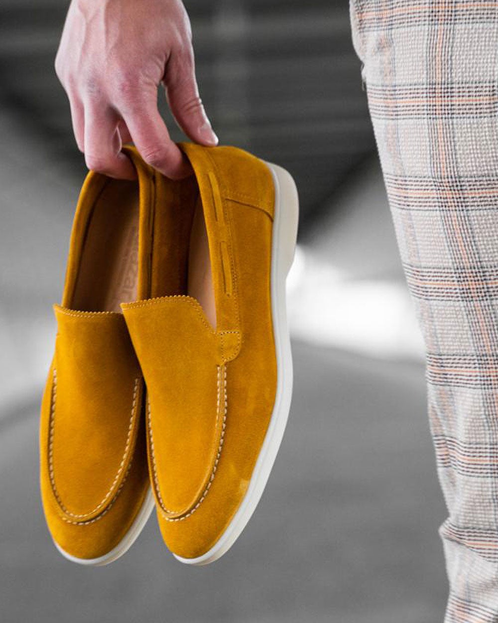 Mustard yellow suede moccasin shoes with white rubber sole for men