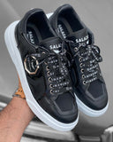 Black shoes Trendy lace-up sneakers with writing and metal badge and white sole for men