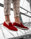 Red suede moccasin shoes with white rubber sole for men