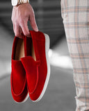 Red suede moccasin shoes with white rubber sole for men