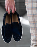 Navy blue moccasin shoes in suede suede leather with white rubber sole for men