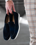 Navy blue moccasin shoes in suede suede leather with white rubber sole for men
