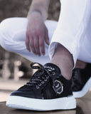 Black shoes Trendy lace-up sneakers with writing and metal badge and white sole for men