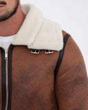 Camel brown bomber jacket with ecru white sherpa fur lining for men