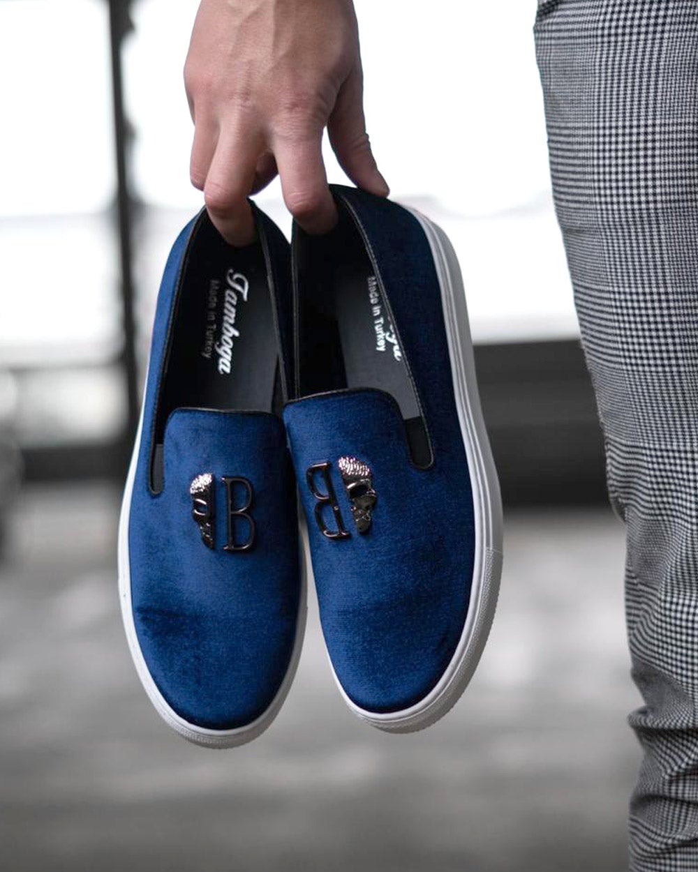 Blue moccasin shoes suede leather look with metal skull and sneaker type sole for men